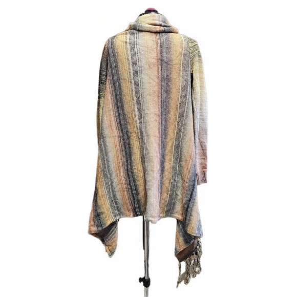NWT Lovestitch Sweater Shawl Wrap Frindge Stripe Cardigan Browns Cream Tan Black - Picture 7 of 13